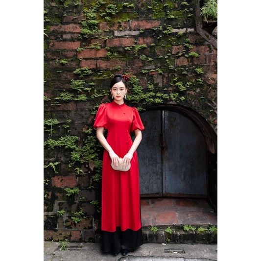 Áo dài tay ngắn TRIPBLE T DRESS đỏ phối quần đen kết nút bọc - size M/L/XL/2XL - MS06ML