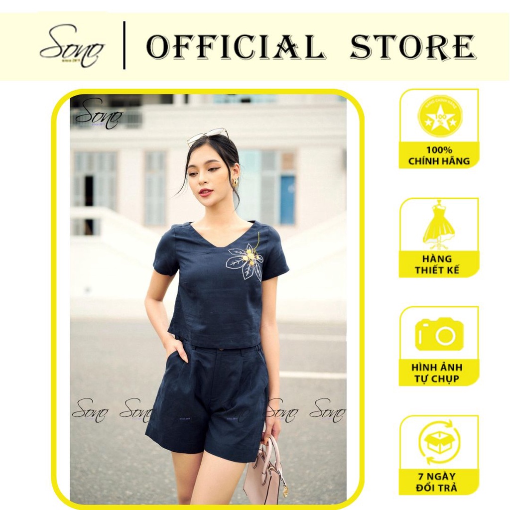 Sono - Set Short Linen Navy Cổ Tim Thêu Phong Cách Thời Trang