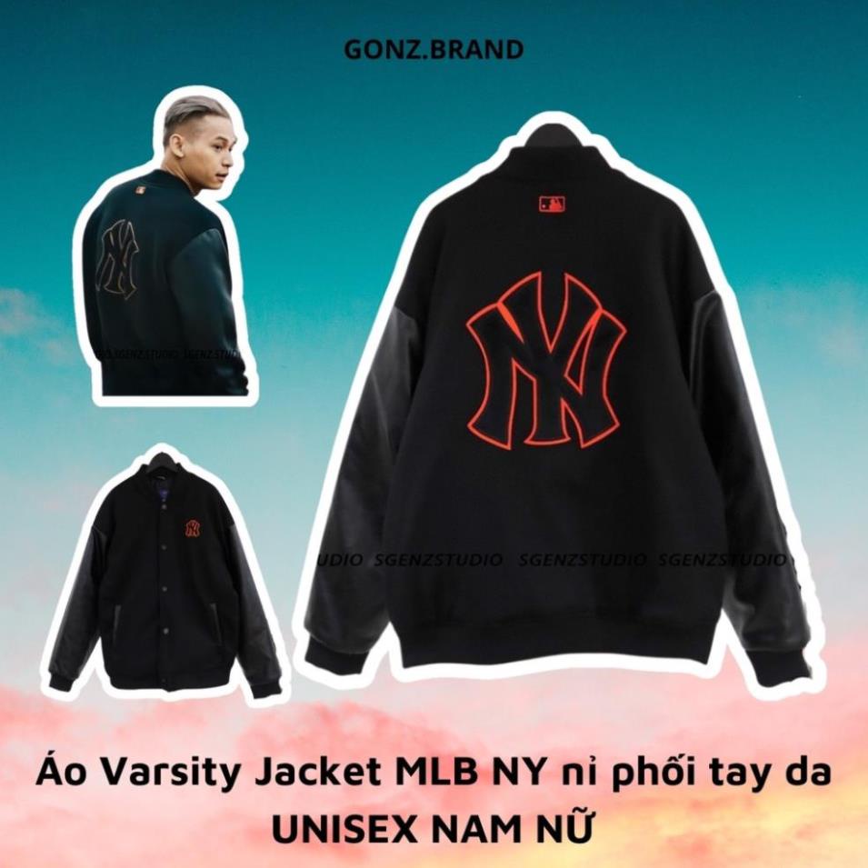 F08  Áo varsity jacket MLB NY vải nỉ dày dặn phối tay da,Áo bomber nỉ form rộng nam nữ phong cách