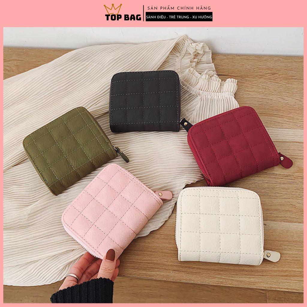 Ví nữ mini cầm tay ví ngắn gập đôi đựng tiền khóa kéo, chất da xịn trần ô vuông