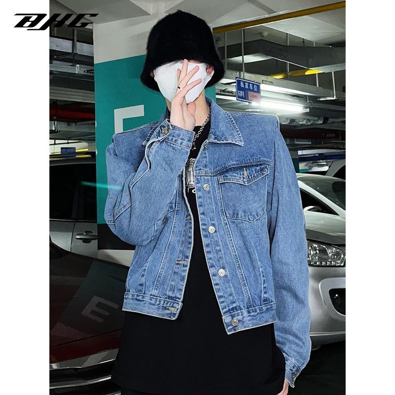 Áo khoác denim BJHG WAVW dáng ngắn có đệm vai xếp ly kiểu retro đường phố Mỹ cá tính cho cặp đôi