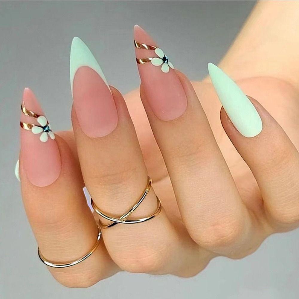JUNE Bộ 24 Móng Tay Giả Màu Xanh Dương DIY|Đầm Hoa Nhỏ Thời Trang Pháp Quý Phái