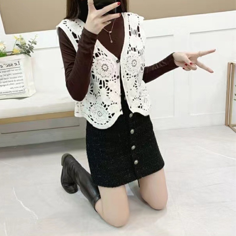 Áo Khoác Dệt Kim Không Tay Dáng Rộng Cài Nút Họa Tiết Hoa Thời Trang Mùa Thu Cho Nữ Thẻ