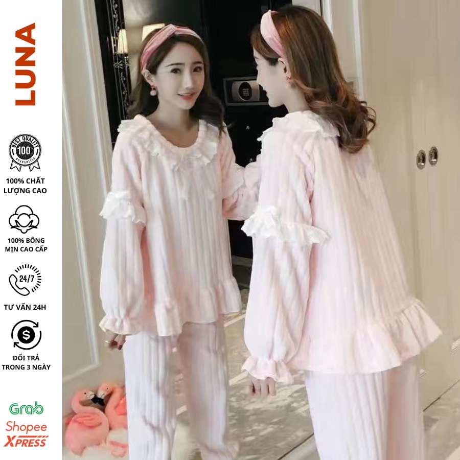 Đồ ngủ nữ dài tay LUNA, bộ ngủ bông gấu thêu hoạ tiết heo, báo hồng, thu đông, chất lông nhung mềm mịn 2 mặt, pijama đôi