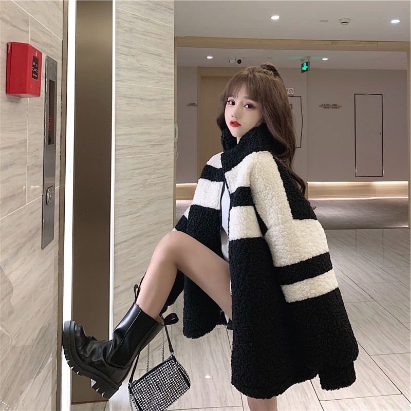 IELGY Áo Khoác Len Lông Cừu Màu Sắc Tương Phản Phong Cách retro Dành Cho Nữ