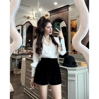 Quần sooc nhung basic cài khuy cạp cao (sale)
