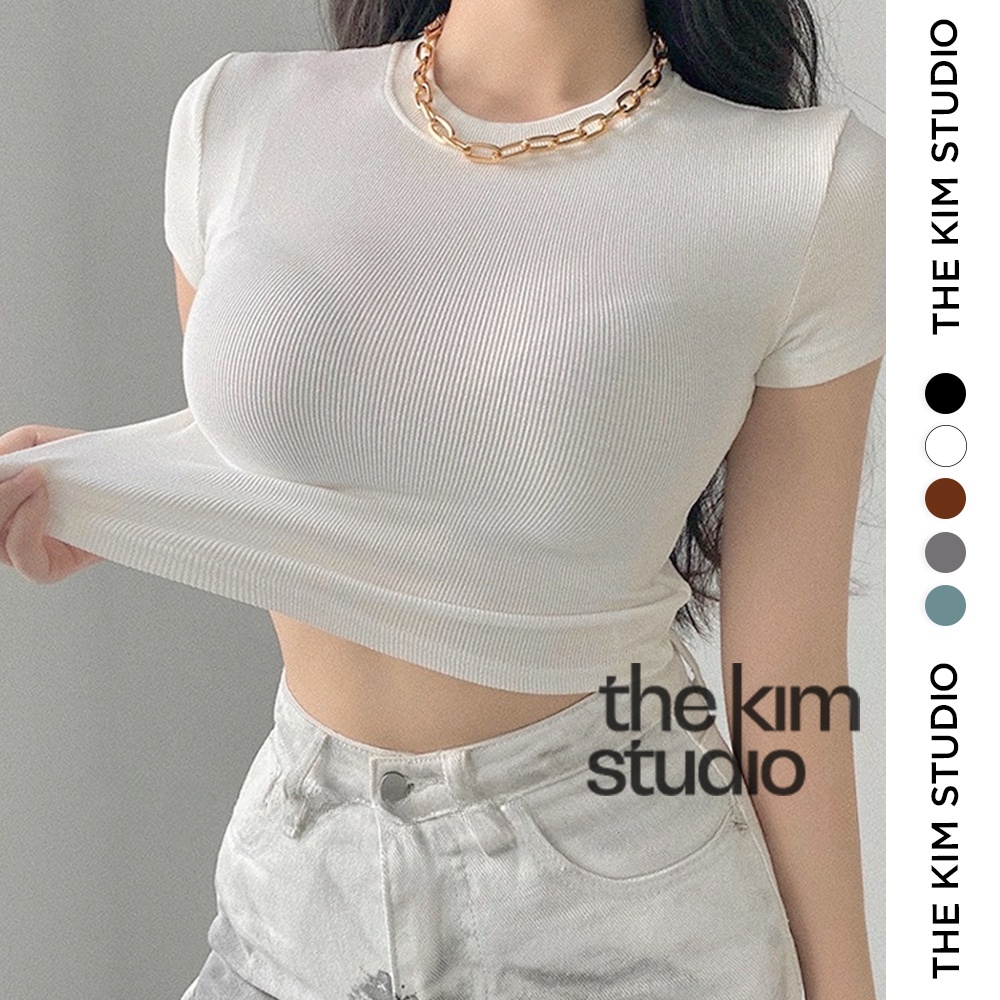 Áo thun baby tee croptop ngắn tay cổ tròn dáng ôm The Kim, áo thun tăm tay ngắn trơn đen trắng A166