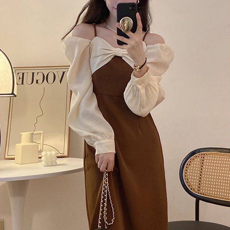 IELGY Đầm Tay Dài Hở Vai Dáng Ôm Thắt Nơ Eo Xinh Xắn Cho Bạn Gái