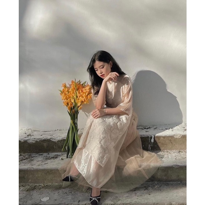 SET Áo Dài hoa nổi tay lỡ kèm Chân Váy midi nude dập ly diện Tết NÀNG CLOSET