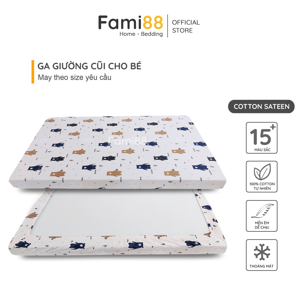 Ga giường cũi Cotton đẹp dễ thương cho bé Fami88 Bedding, ga giường ghép trẻ em cho bé trai bé gái đặt theo size yêu cầu