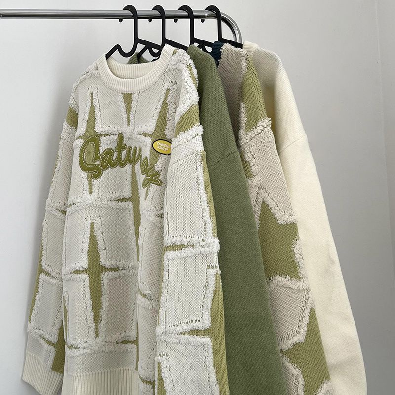 Áo Sweater Dệt Kim Cổ Tròn Thêu Chữ Và Ngôi Sao Kiểu Retro Mỹ Thời Trang Thu Đông Cho Nam Và Nữ