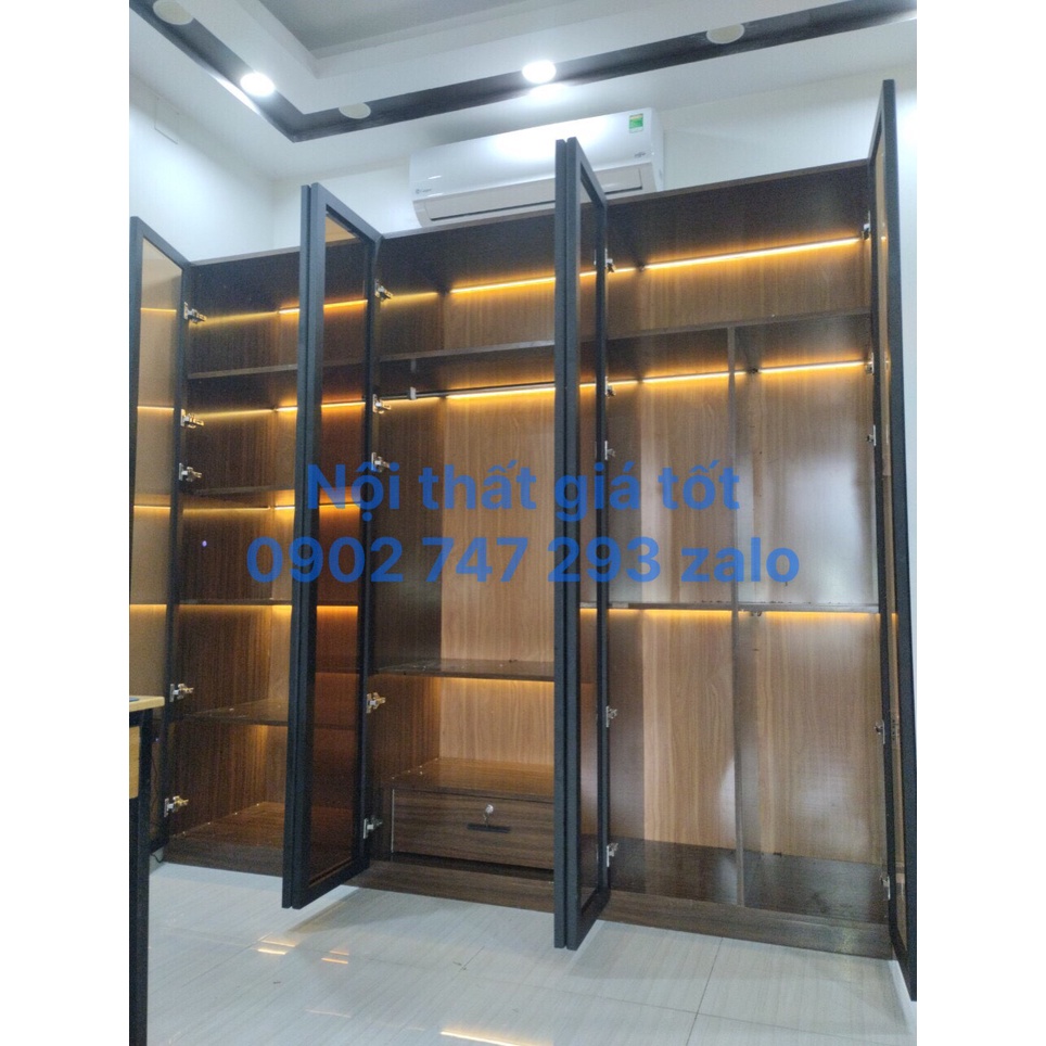 tủ áo quần cánh nhôm kính -khung nhựa cứng cao cấp ECOPLAST có đèn led -alu màu siêu sang