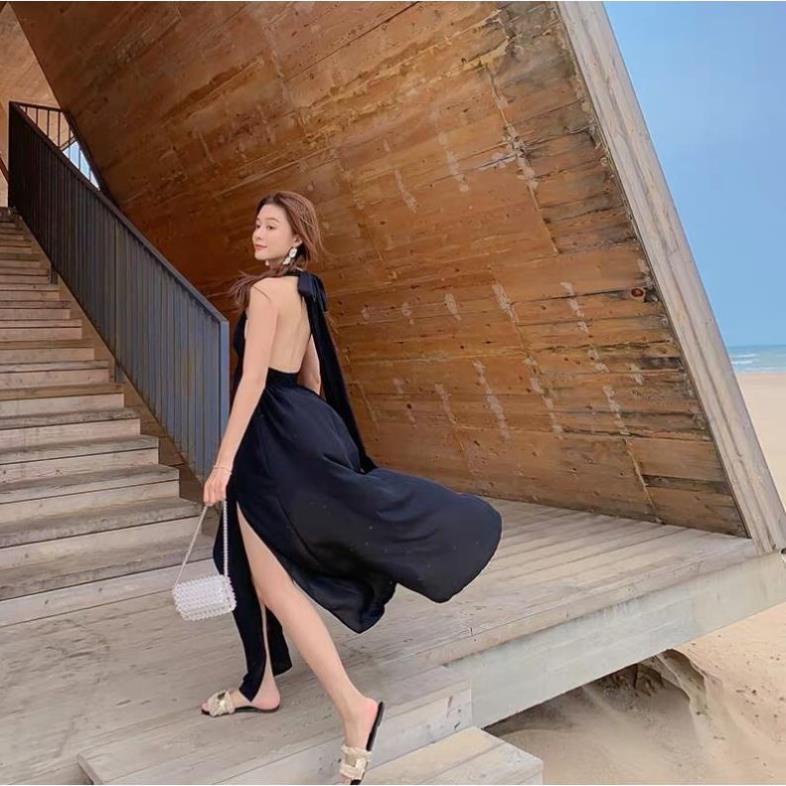 ঔৣ (Ảnh thật) Váy đầm maxi hở lưng xẻ tà thắt nơ cổ xẻ ngực sexy màu đen đi chơi du lịch đi biển boho thổ cẩm ঔৣ ^