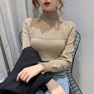 Áo len nữ dài tay cổ lọ phối ren thời trang hàn