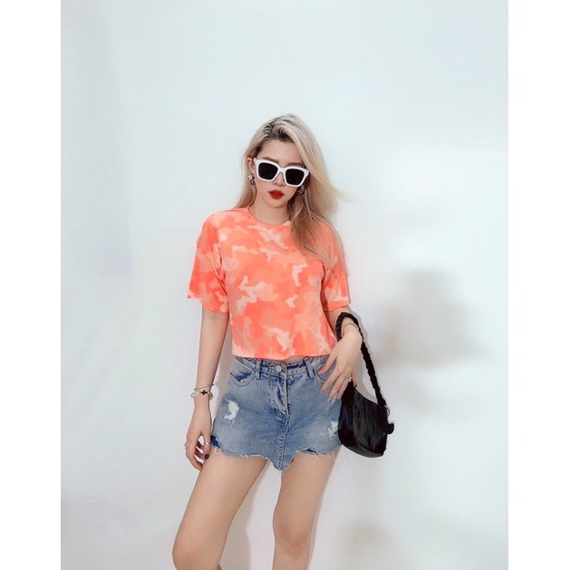 Áo thun croptop cánh dơi rộng thun cotton lính cam