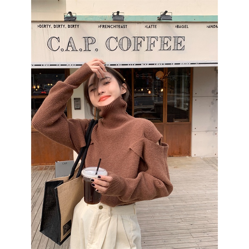 ZHELIHANGFEI Áo Len Tay Dài Cổ Cao Form Rộng Kiểu Dáng Ngọt Ngào