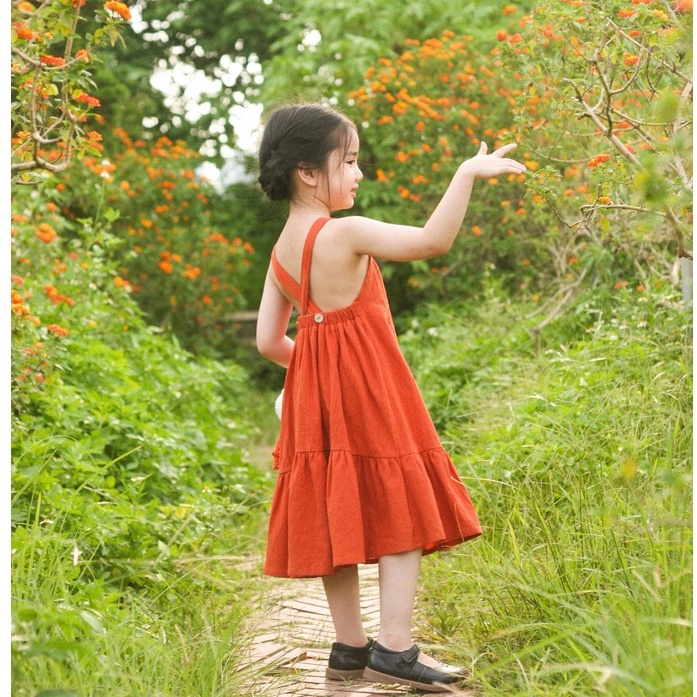 Đầm maxi hở lưng bé gái, đầm maxi đi biển - 2 màu cam, vàng chanh | Grace by Moon Ha & Kids