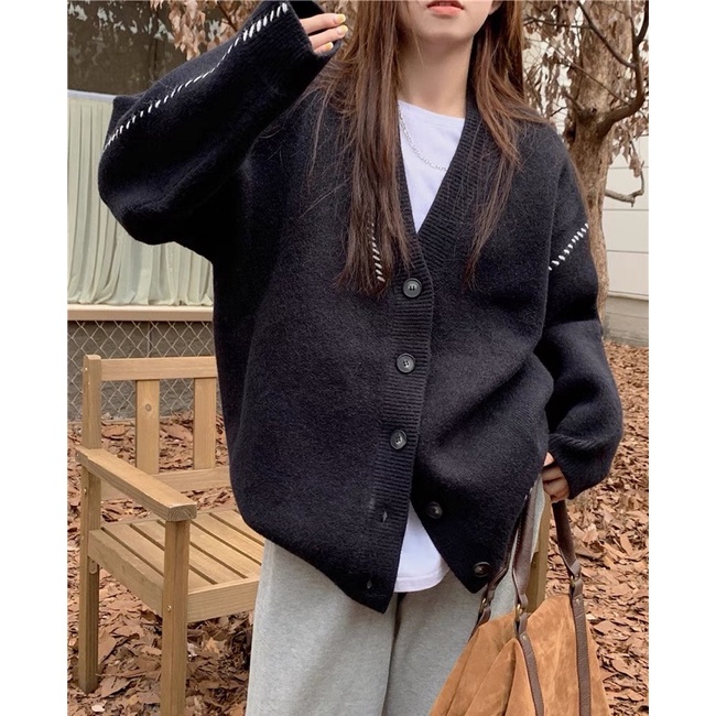 Áo Len dáng dài quảng châu, áo khoác cardigan nữ móc chỉ 2 bên tay màu đen trắng