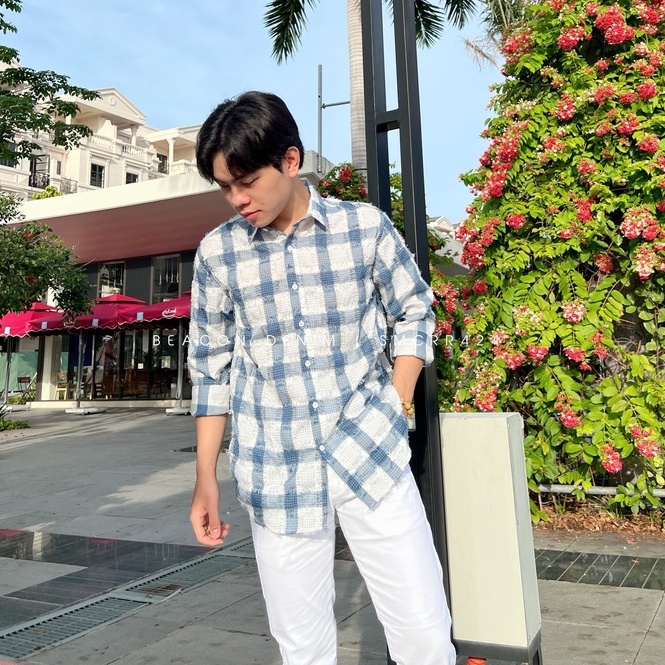 Áo Sơ Mi Nam Mẫu Caro Rộng Tua Rua Xanh Than BEACON DENIM Form Rộng Mã SMCRR424