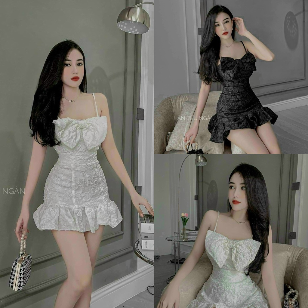 Váy đầm nữ 2 dây ôm body họa tiết xòe nơ ( có mút ngực ) phối gấm xòe bèo tôn dáng quý phái dự tiệc đi chơi