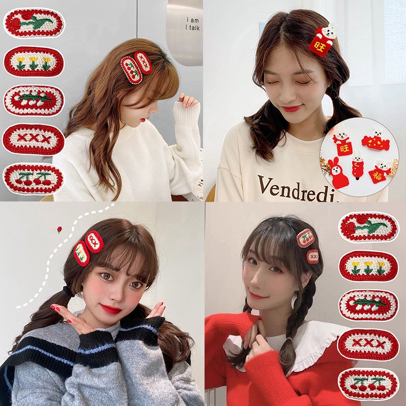 Kẹp Tóc Đan Len Họa Tiết Hoạt Hình Giáng Sinh / Năm Mới Dễ Thương Cho Bé Gái