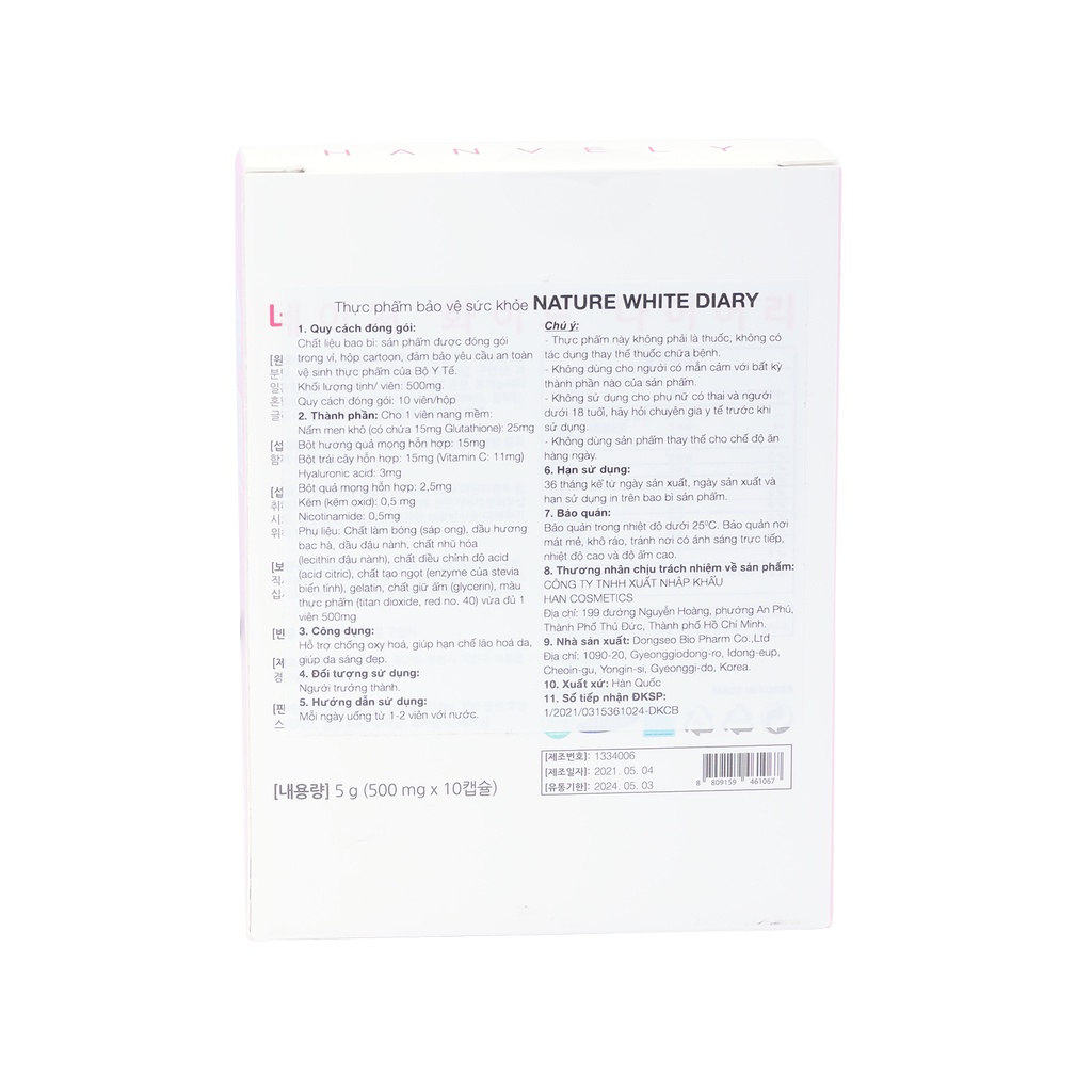 Viên Uống Trắng Da Hanvely Nature White Diary Blister Pack 1 Hàn Quốc trắng da, giảm nám, dưỡng ẩm 10 viên/ hộp