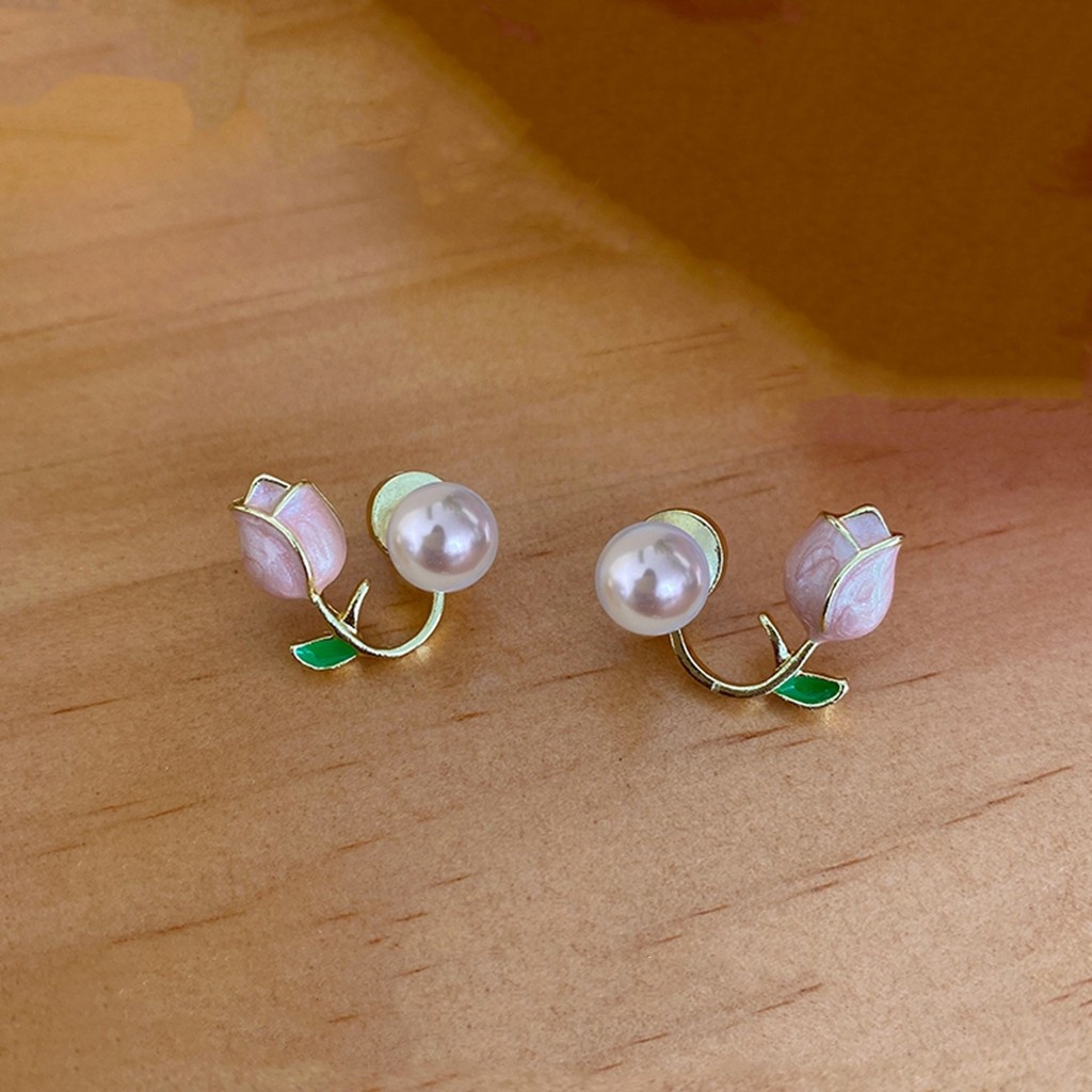 1 Cặp Bông Tai Hình Hoa Tulip Đính Ngọc Trai Thanh Lịch Thời Trang Phong Cách Hàn Quốc Cho Nữ