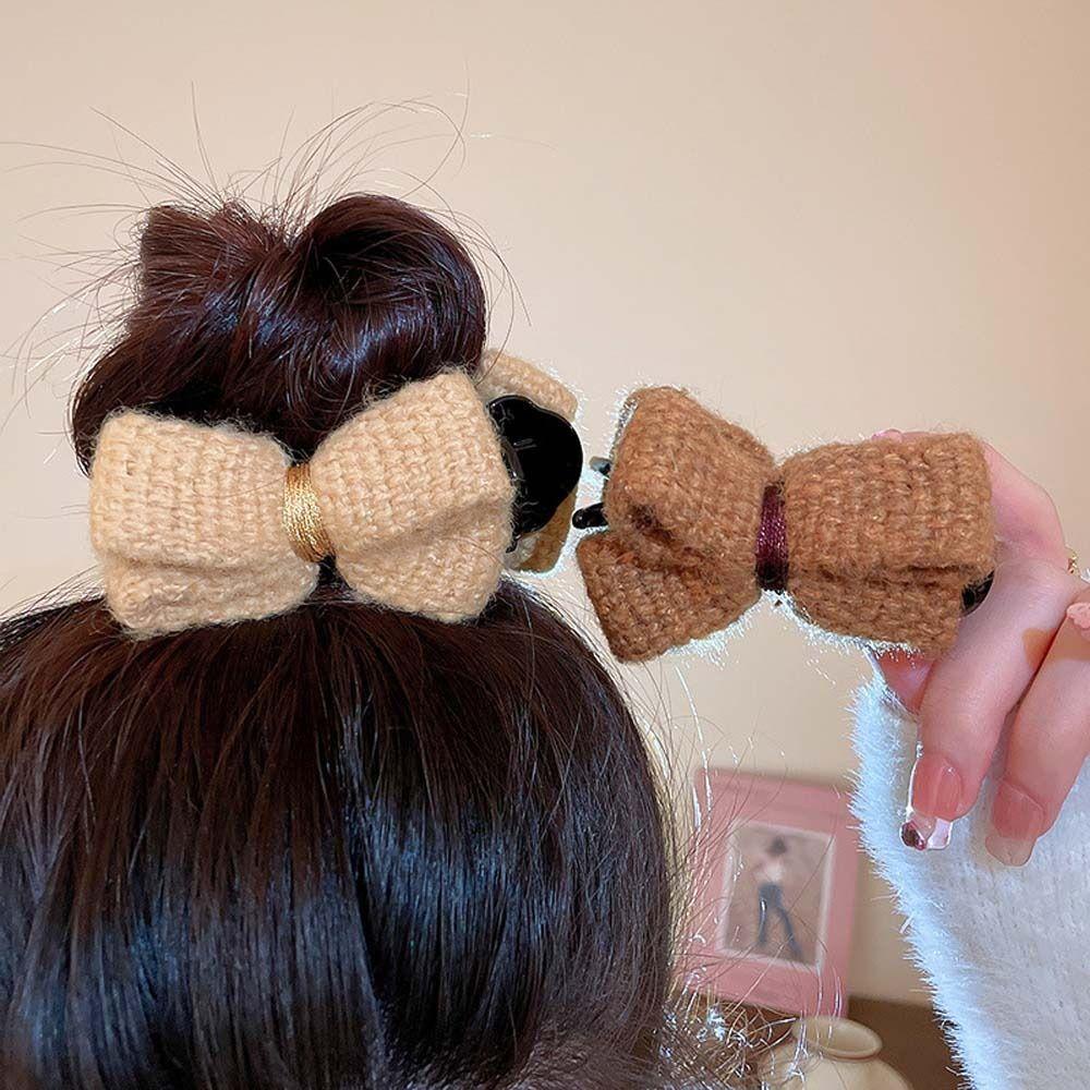 Kẹp Tóc Nơ Hai Mặt Bằng Len Dệt Kim Thời Trang Mùa Đông Hàn Quốc