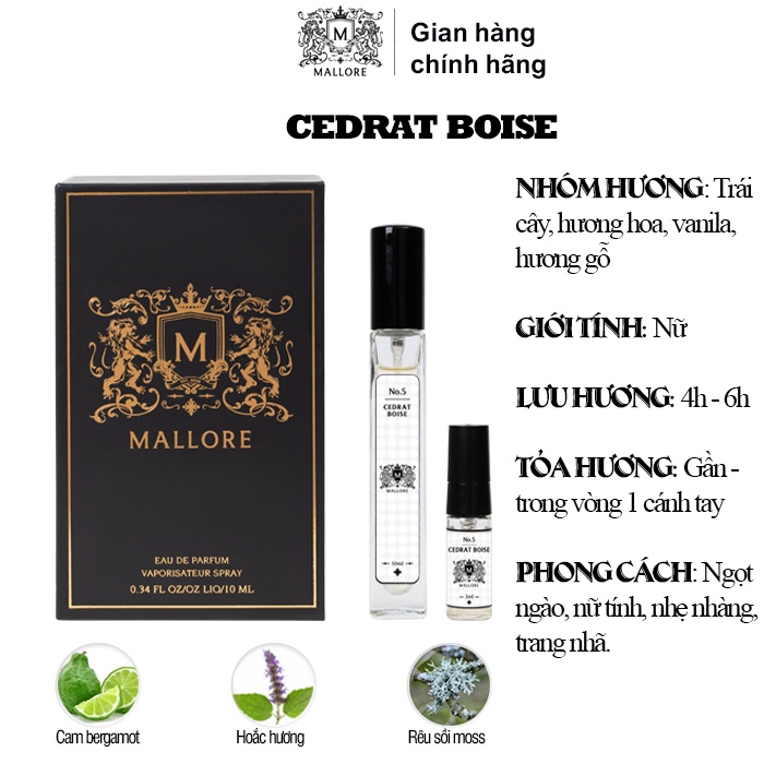 Nước hoa dạng xịt Mallore Cedrat boise 10ml, nữ tính, nhẹ nhàng, trang nhã