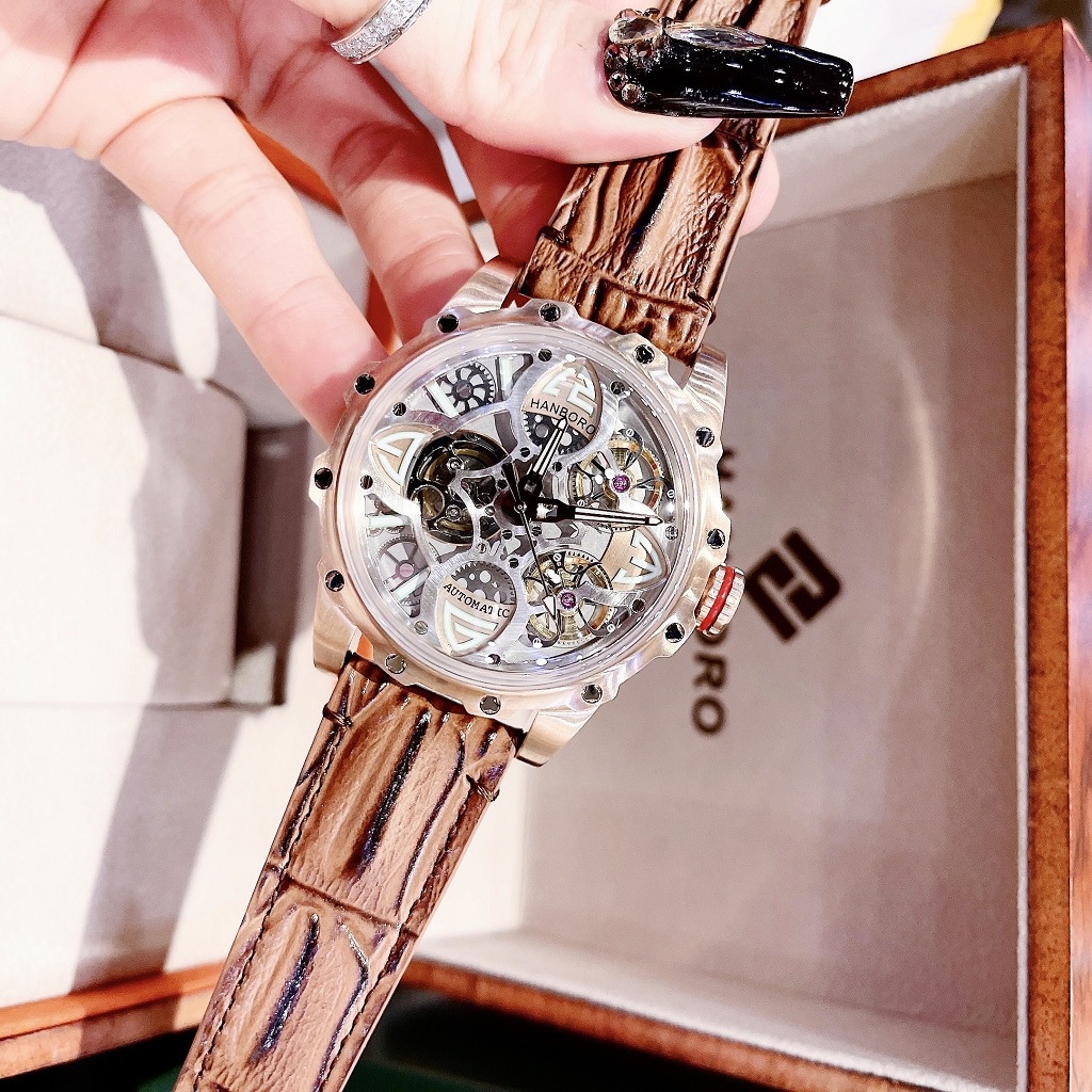 Đồng Hồ Nam Hanboro Automatic  Dây Da Nâu Gân Rose Gold 44mm