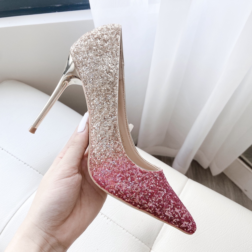 Giày Cao Gót Nữ Mũi Nhọn, Giày Cao Gót Nữ Đế Mảnh Cao 9P, Chất Liệu Ombre Lấp Lánh, Tôn Dáng- Dazzling Shoes-DA780