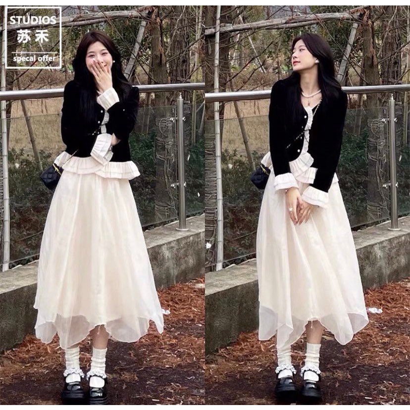 Set đầm thu đông 2023 áo tay dài bèo mix chân váy voan tơ có lót dày dặn - Set tiểu thư thu đông mới nhất