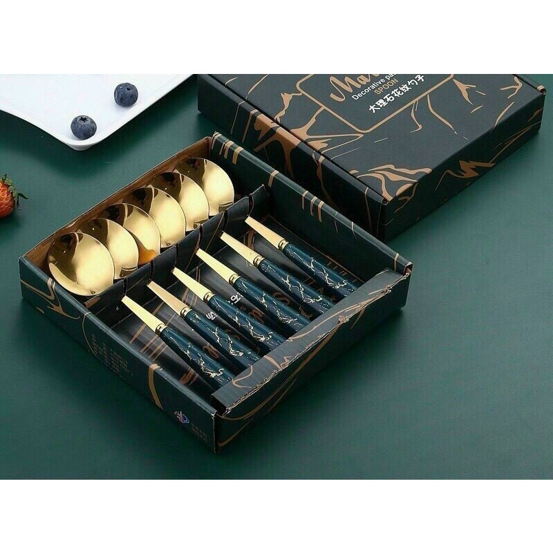 Set 6 thìa inox mạ vàn.g cán sứ màu xanh ng.ọc vân đá cao cấp