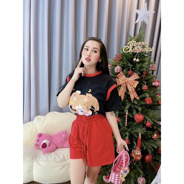 HONEY BEAR - SET ÁO PHÔNG THUỶ THỦ MẶT TRĂNG KÈM QUẦN SHORT THUN