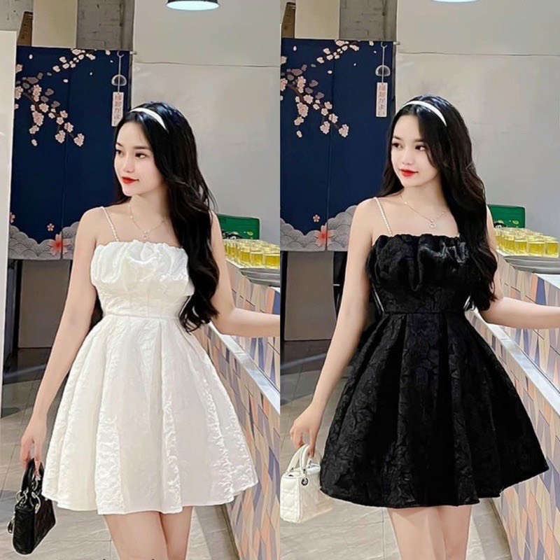 đầm 2 dây ngọc bèo ngực dáng xòe chất gấm có mút ngực