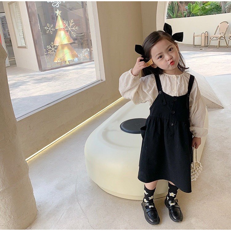 Set Váy Yếm Với Áo Sơ Mi Tay Phồng Phong Cách Hàn Quốc Cho Bé Gái