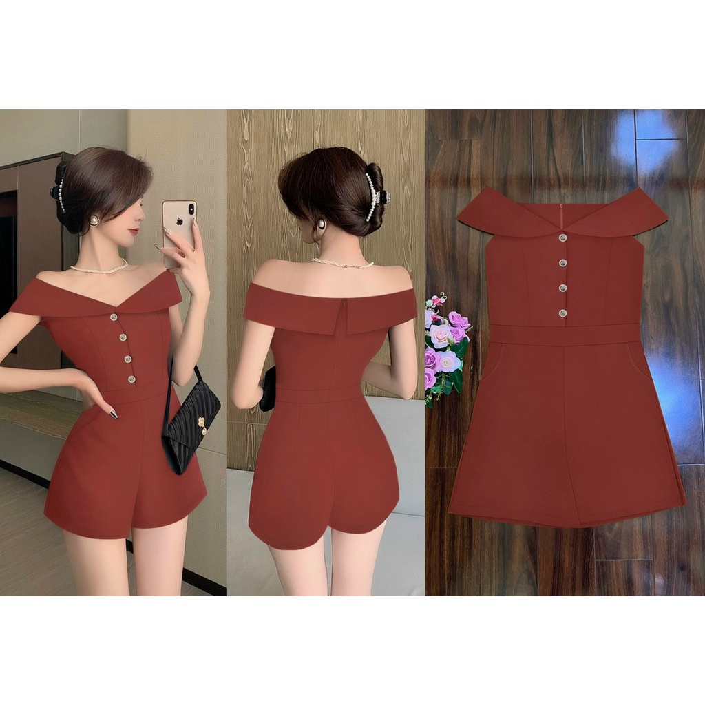 Jum ngắn trễ vai dây kéo lưng phối nút xinh xắn jumpsuit dáng ngắn J1204