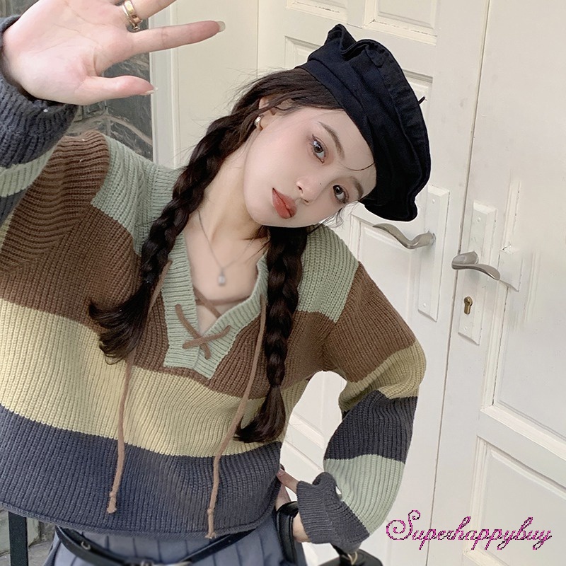 Áo Sweater Dệt Kim Tay Dài Dáng Rộng Kẻ Sọc Màu Sắc Tương Phản Thời Trang Cho Nữ