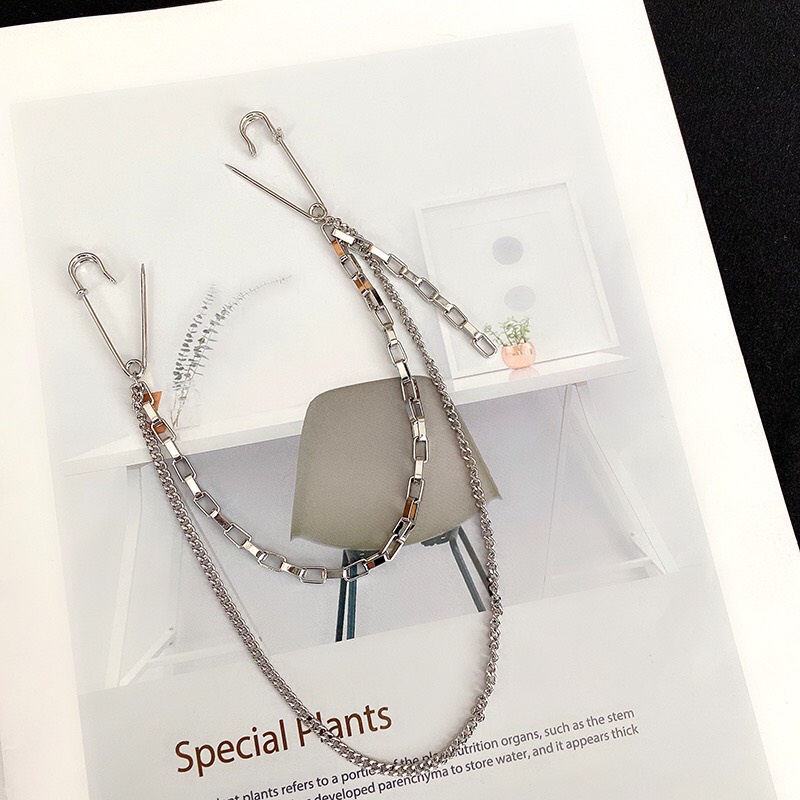 Ghim cài áo vest, Blazer, sơ mi cá tính - Gim cài áo titan mẫu 2 ghim phối dây xích dài