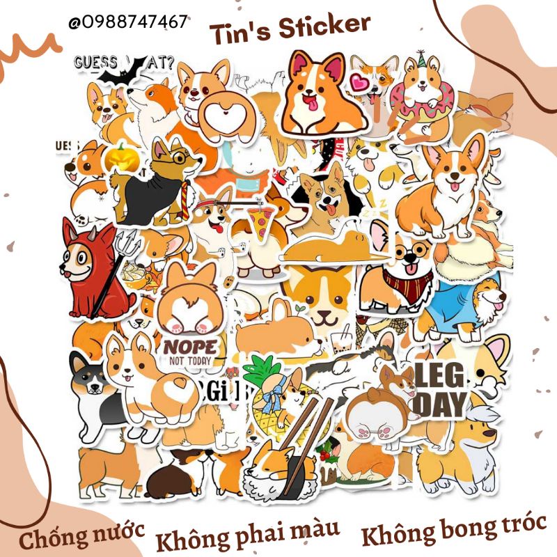 Set combo 50 sticker chó Corgi Bu dễ thương chống thấm nước dán nón mũ bảo hiểm sổ sách laptop đàn guitar xe máy