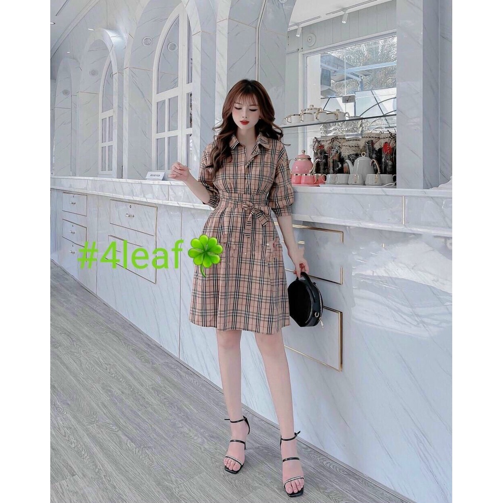 (Miễn Phí Ship 2022) Đầm sơ mi caro ,đầm nữ tay phồng dáng xòe có dây cột eo,chất đẹp lên from chuẩn