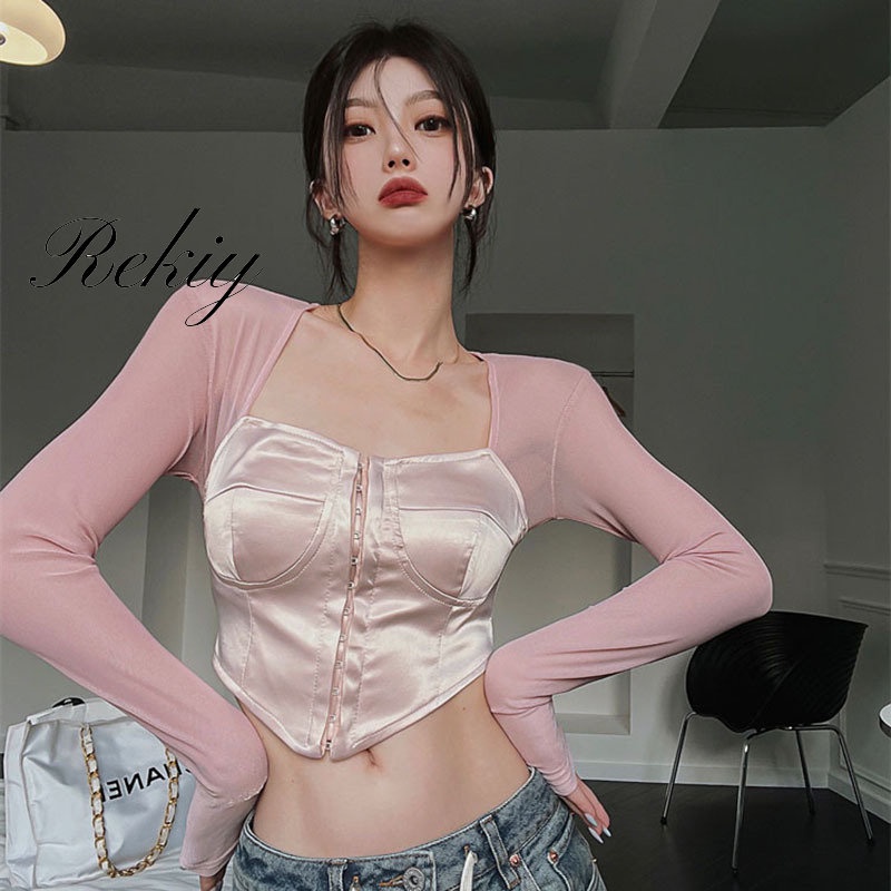 Áo Thun Crop Top Lưới Tay Dài Cổ Vuông Màu Trơn Thời Trang 2022 Dành Cho Nữ