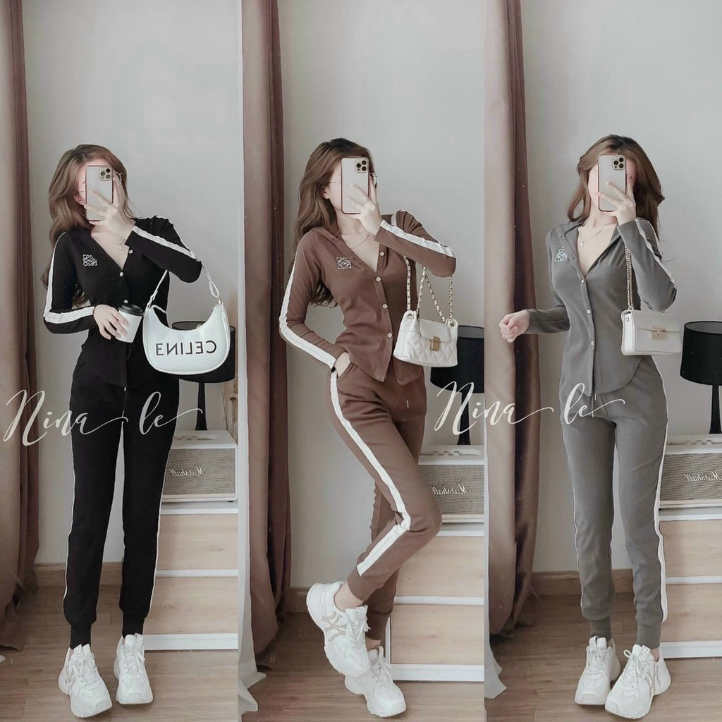 (Sale FreeShip) Sét bộ thun gân phối sọc,áo cài nút tay dài có nón kèm quần ống bo có túi,chất đẹp chuẩn shop