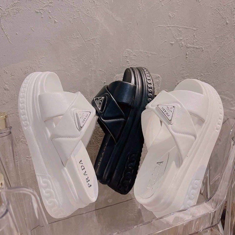 Dép Bánh Mì, Dép Lê Hai Quai Chéo Siêu Nhẹ Logo 2 Màu Đen/trắng Tăng Chiều Cao 7cm