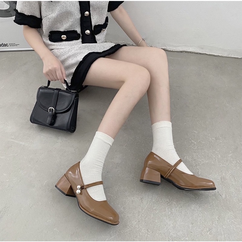 Giày búp bê có quai đính hạt Mary Jane mũi vuông đế cao 5cm thanh lịch Yannie Lolita