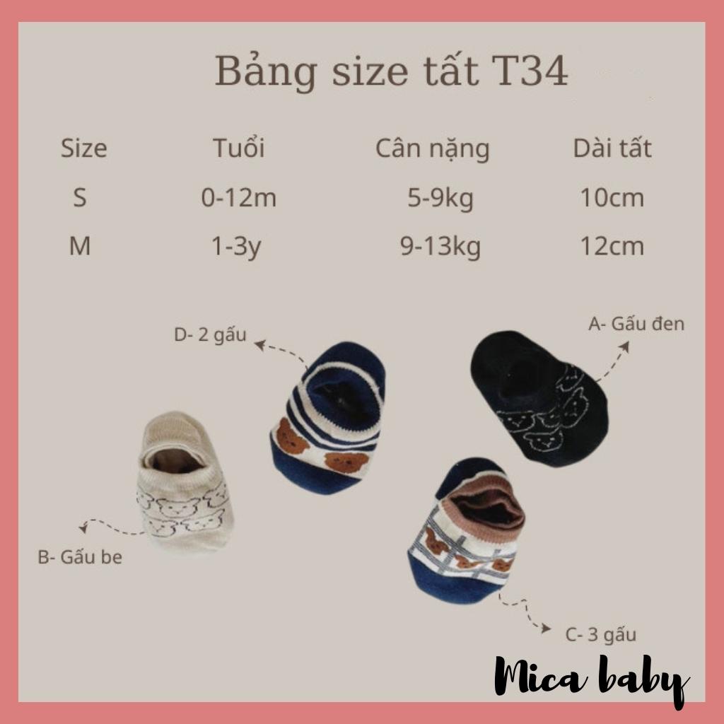 Tất lười cho bé, tất cổ ngắn in hình gấu chống trượt đáng yêu cho bé T34 Mica baby