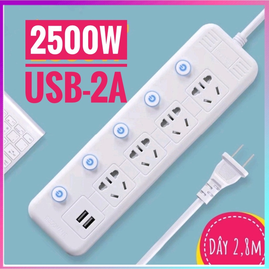 Ổ Cắm Điện đa năng công xuất cao 2500W USB sạc điện thoại công tắc riêng dây dài 3m bảo hành 1 đổi 1- Hitech Mart