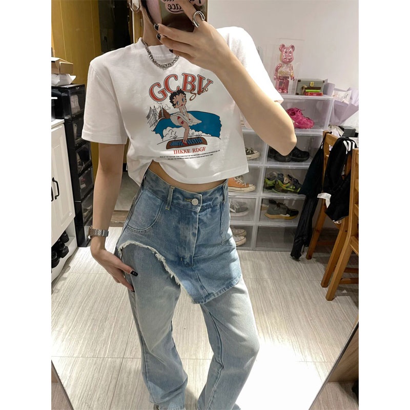 Áo Thun Tay Ngắn Cổ Tròn In Họa Tiết Hoạt Hình Phong Cách Hàn Quốc Cho Nữ