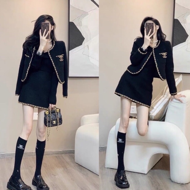 Set nữ váy đen dạ tweed nhũ tiểu thư cá tính áo khoác mùa đông sang chảnh