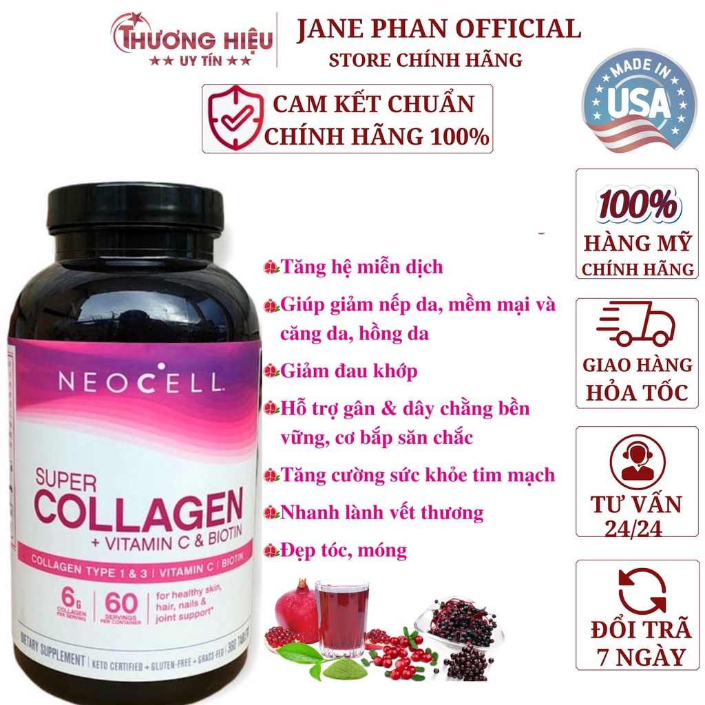 Viên uống Bổ Sung Collagen Đẹp Da, Tóc & Móng Neocell Super Collagen + Vitamin C & Biotin (360 Viên/Lọ) Chuẩn Mỹ ChíHãng